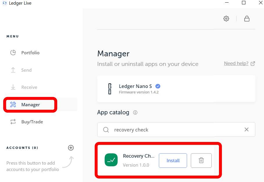 ledger live>menu>manager>recovery check